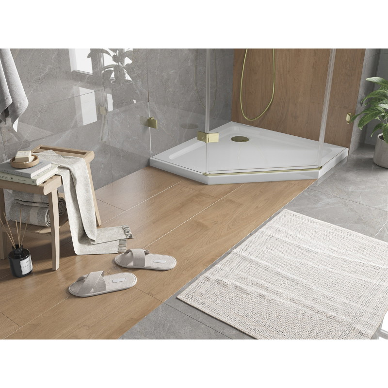 Mexen Flat sprchová vanička pětiúhelníková slim 80 x 80 cm, bílá, sifon zlatý - 41P108080-G