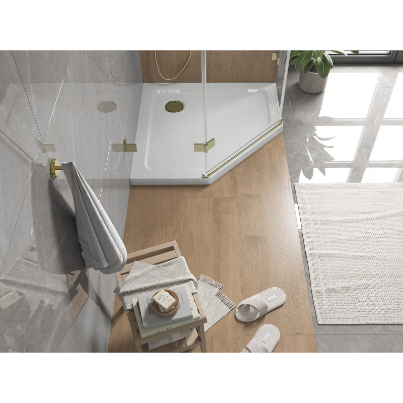 Mexen Flat sprchová vanička pětiúhelníková slim 80 x 80 cm, bílá, sifon zlatý - 41P108080-G