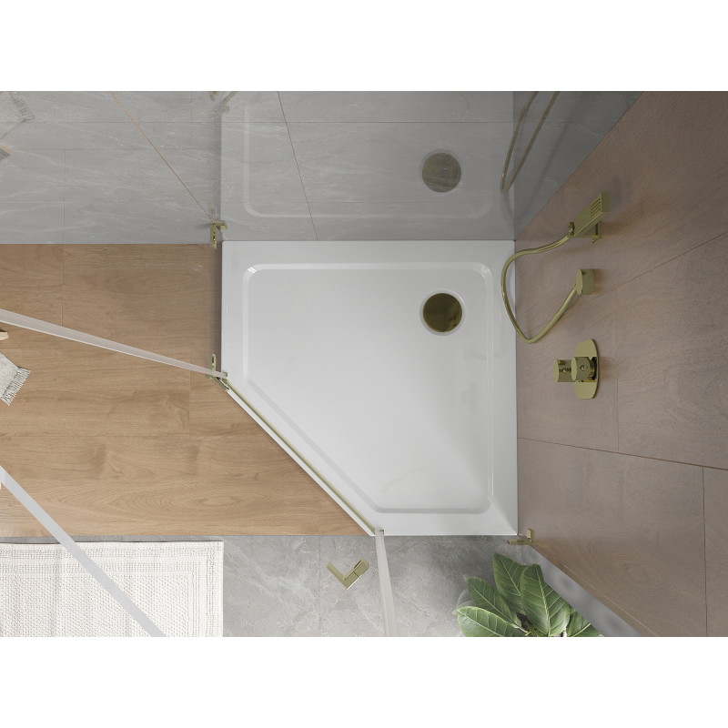 Mexen Flat sprchová vanička pětiúhelníková slim 80 x 80 cm, bílá, sifon zlatý - 41P108080-G