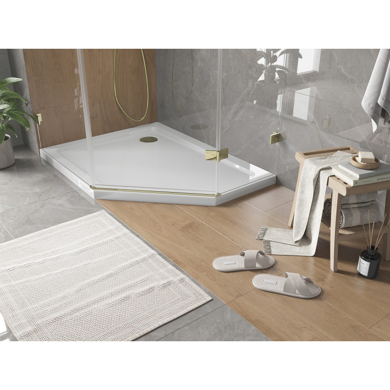 Mexen Flat sprchová vanička pětiúhelníková slim levá 90 x 80 cm, bílá, sifon zlatý - 41P108090L-G