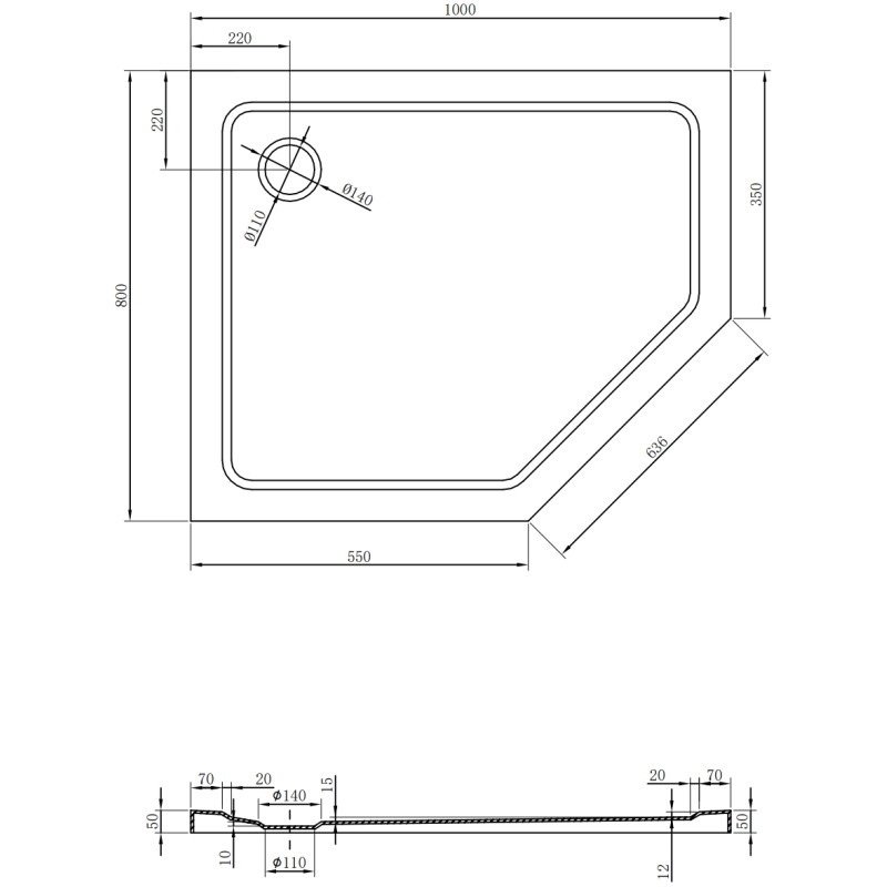 Mexen Flat pětiúhelníkový slim sprchový kout levý 100 x 80 cm, bílý, zlatý sifon - 41P108010L-G