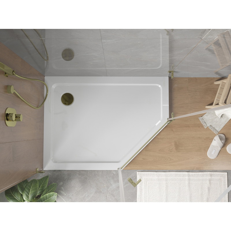 Mexen Flat pětiúhelníkový slim sprchový kout levý 100 x 80 cm, bílý, zlatý sifon - 41P108010L-G