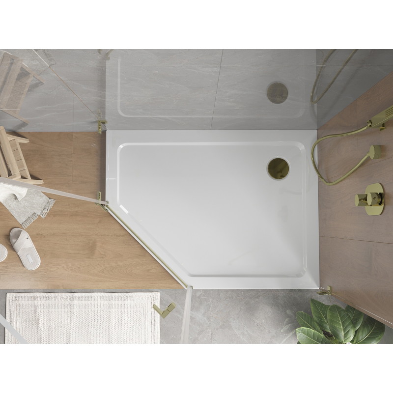 Mexen Flat pětiúhelníková slim sprchová vanička pravá 100 x 80 cm, bílá, sifon zlatý - 41P108010R-G