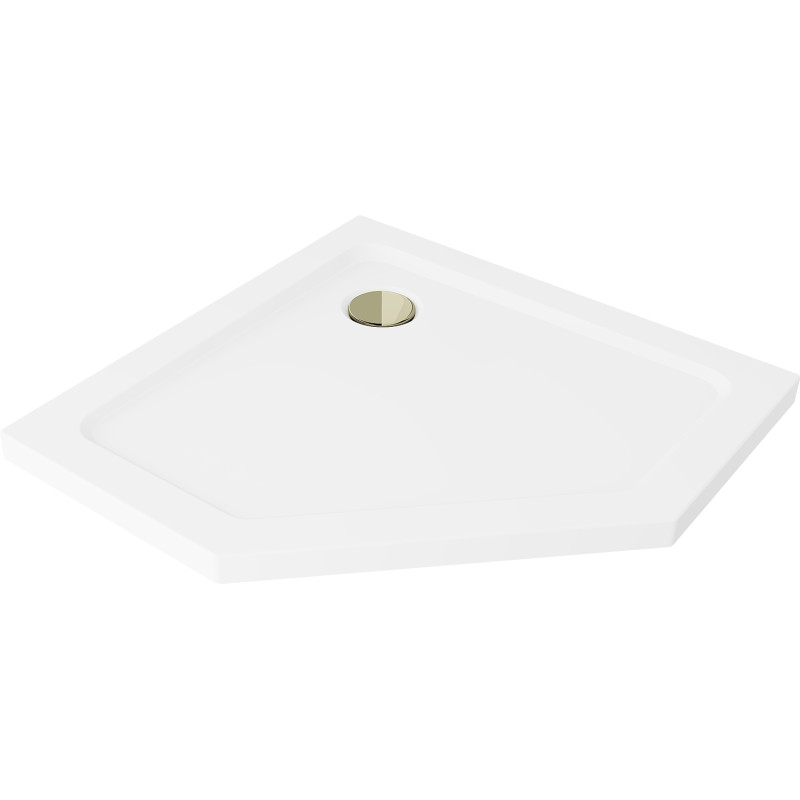 Mexen Flat slim pětiúhelníkový sprchový kout 90 x 90 cm, bílý, sifon zlatý - 41P109090-G