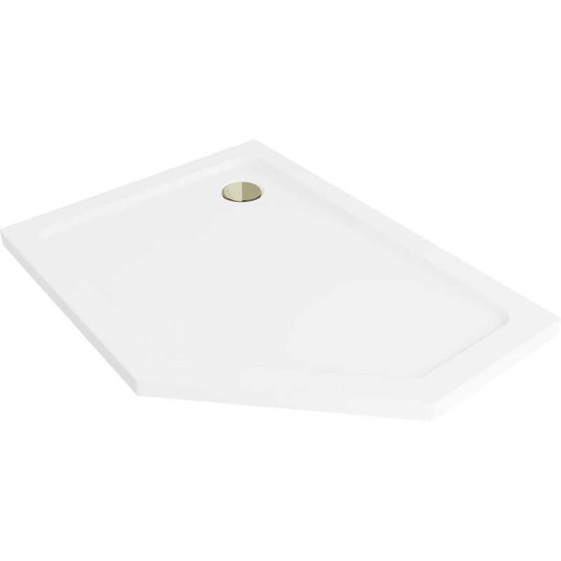 Mexen Flat pentagonální sprchová vanička slim levá 100 x 90 cm, bílá, zlatý sifon - 41P109010L-G