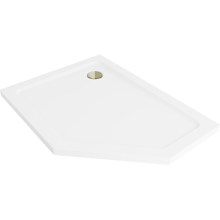 Mexen Flat pentagonální sprchová vanička slim levá 100 x 90 cm, bílá, zlatý sifon - 41P109010L-G