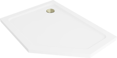 Mexen Flat pentagonální sprchová vanička slim levá 100 x 90 cm, bílá, zlatý sifon - 41P109010L-G
