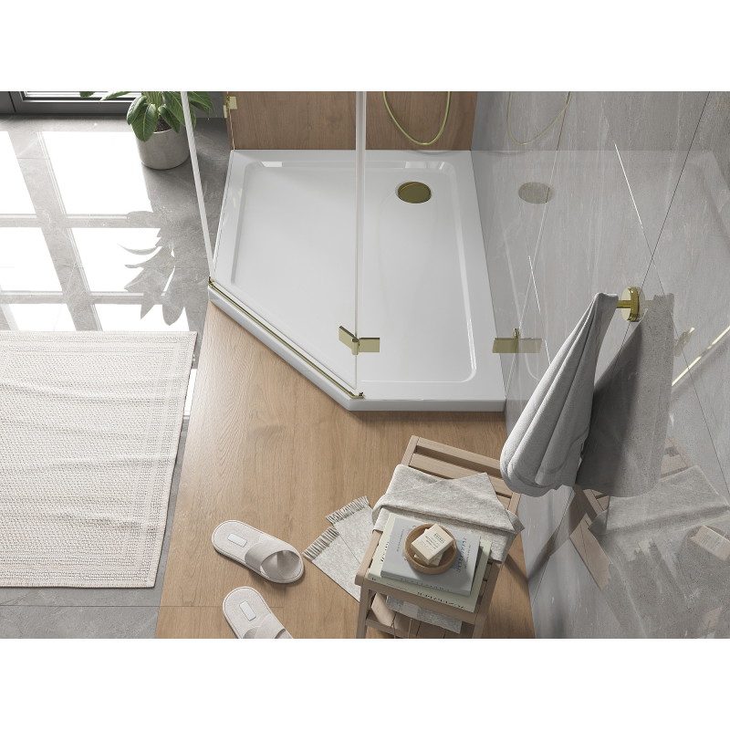 Mexen Flat pentagonální sprchová vanička slim levá 100 x 90 cm, bílá, zlatý sifon - 41P109010L-G