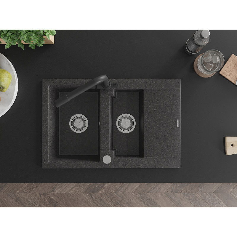 Mexen Gaspar granitový dřez 1,5-komorový s odkapávačem a kuchyňskou baterií Duero, černý kropenatý - 6507-76-671600-70