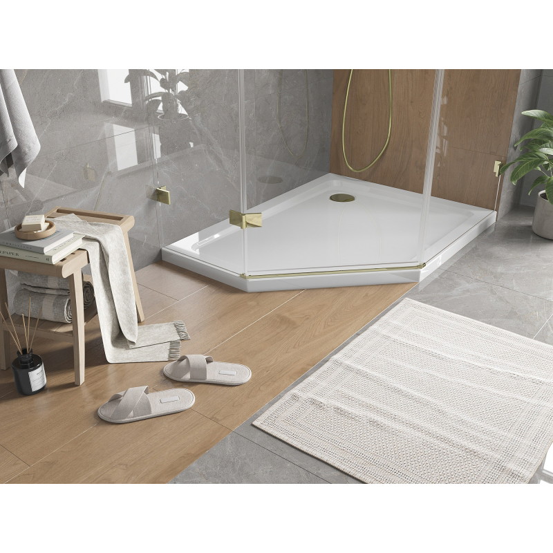 Mexen Flat sprchová vanička pětiúhelníková slim pravá 100 x 90 cm, bílá, sifon zlatý - 41P109010R-G