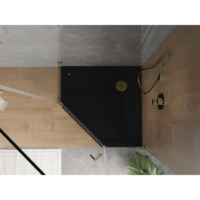 Mexen Flat pětiúhelníkový sprchový kout slim 80 x 80 cm, černý, sifon zlatý - 41P708080-G