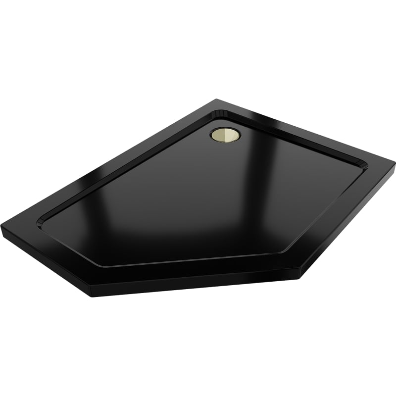 Mexen Flat pětiúhelníkový sprchový kout slim pravý 90 x 80 cm, černý, sifon zlatý - 41P708090R-G