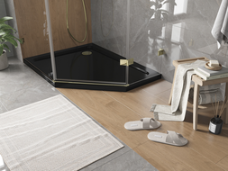 Mexen Flat slim levý pětiúhelníkový sprchový kout 100 x 80 cm, černý, zlatý sifon - 41P708010L-G
