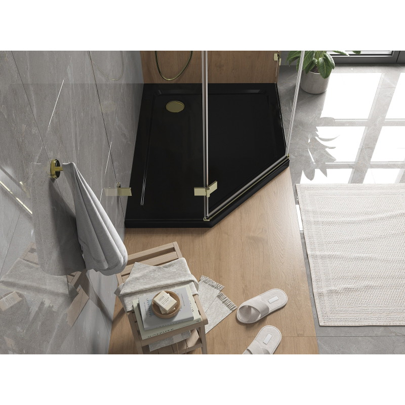 Mexen Flat pětiúhelníková sprchová vanička slim pravá 100 x 80 cm, černá, zlatý sifon - 41P708010R-G
