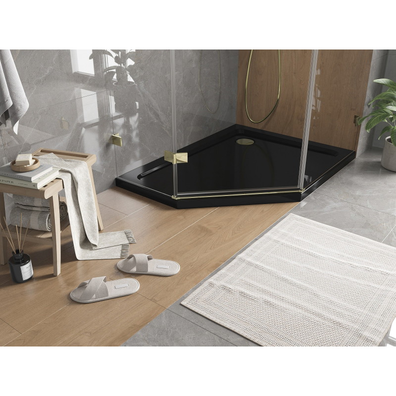 Mexen Flat pětiúhelníková sprchová vanička slim pravá 100 x 80 cm, černá, zlatý sifon - 41P708010R-G