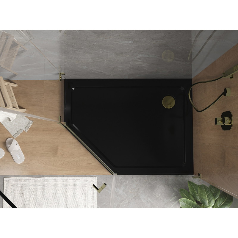Mexen Flat pětiúhelníková sprchová vanička slim pravá 100 x 80 cm, černá, zlatý sifon - 41P708010R-G