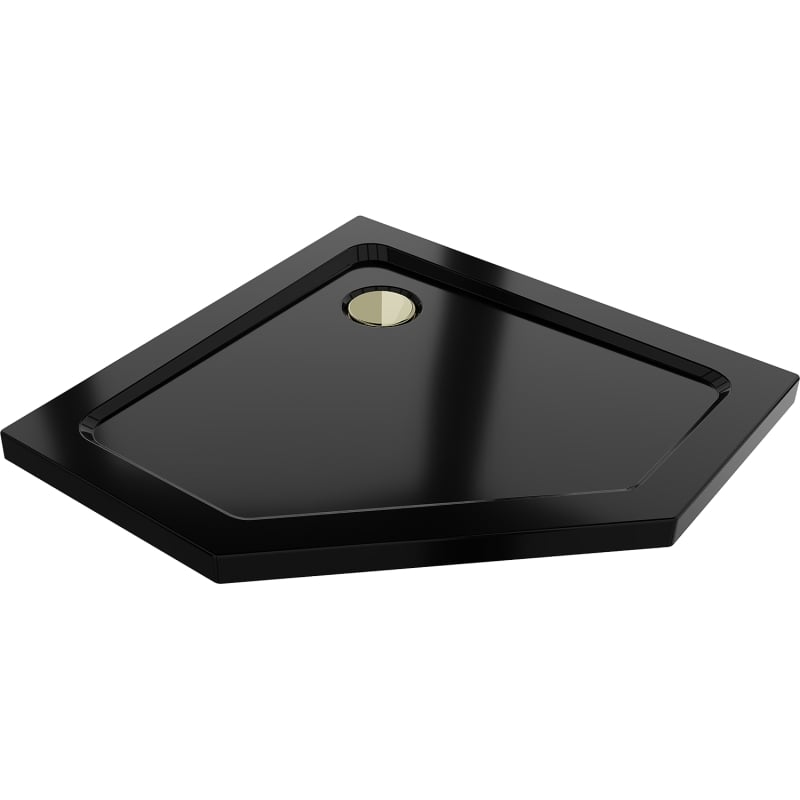 Mexen Flat sprchová vanička pětiúhelníková slim 90 x 90 cm, černá, sifon zlatý - 41P709090-G