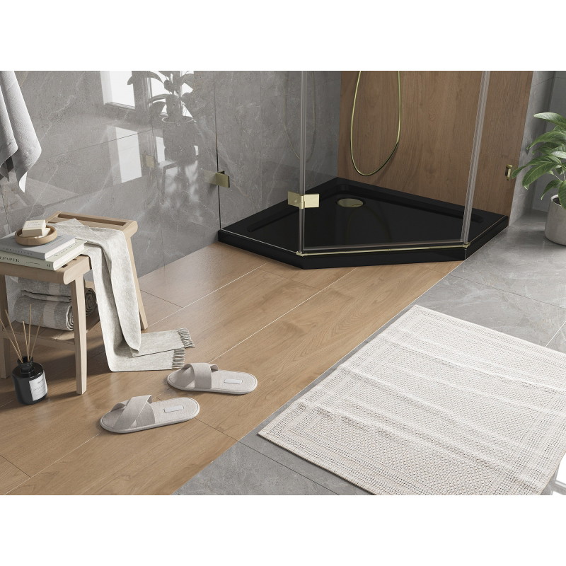 Mexen Flat sprchová vanička pětiúhelníková slim 90 x 90 cm, černá, sifon zlatý - 41P709090-G