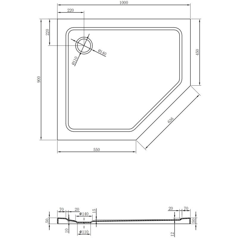 Mexen Flat pentagonální sprchová vanička slim levá 100 x 90 cm, černá, sifon zlatý - 41P709010L-G