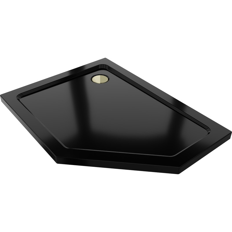 Mexen Flat pentagonální sprchová vanička slim levá 100 x 90 cm, černá, sifon zlatý - 41P709010L-G