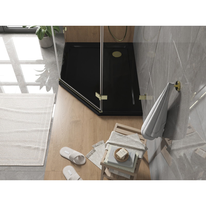 Mexen Flat pentagonální sprchová vanička slim levá 100 x 90 cm, černá, sifon zlatý - 41P709010L-G