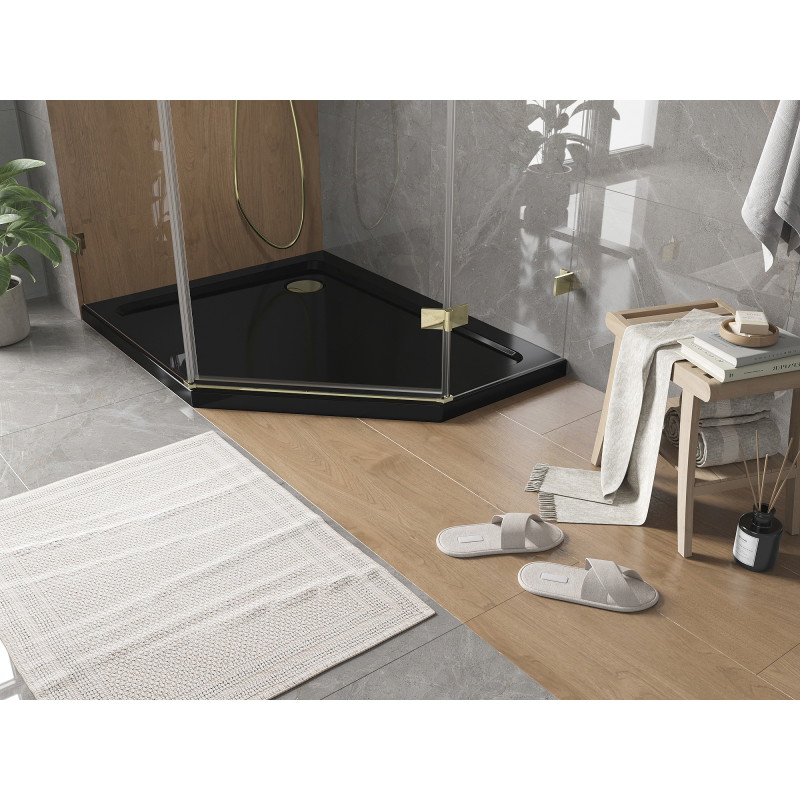 Mexen Flat pentagonální sprchová vanička slim levá 100 x 90 cm, černá, sifon zlatý - 41P709010L-G