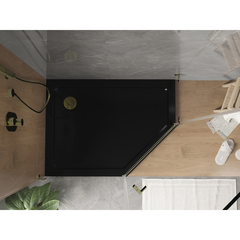 Mexen Flat pentagonální sprchová vanička slim levá 100 x 90 cm, černá, sifon zlatý - 41P709010L-G