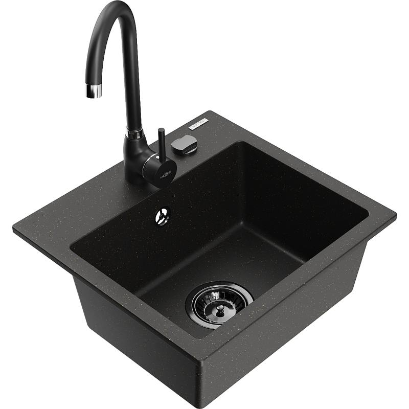 Mexen Milo granitový dřez 1-komorový s kuchyňskou baterií Telma, černý/zlatý - 6505-75-670200-70-B