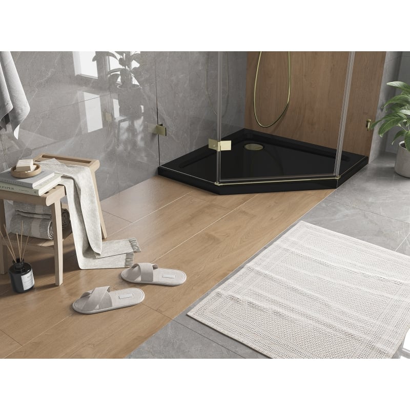 Mexen Flat pentagonální sprchová vanička slim 100 x 100 cm, černá, sifon zlatý - 41P701010-G