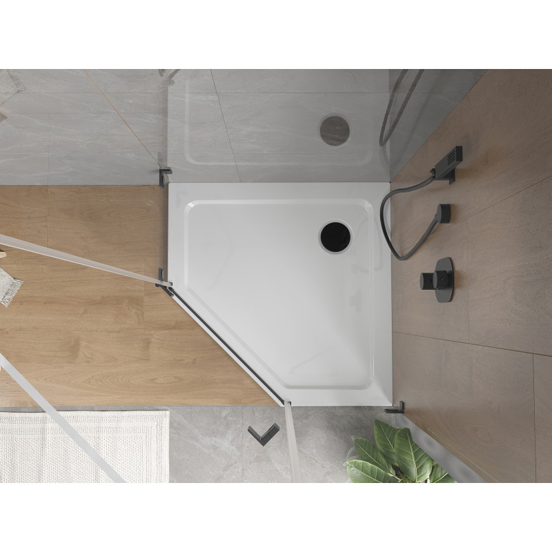 Mexen Flat pentagonální sprchová vanička slim 80 x 80 cm, bílá, černý sifon - 41P108080-B
