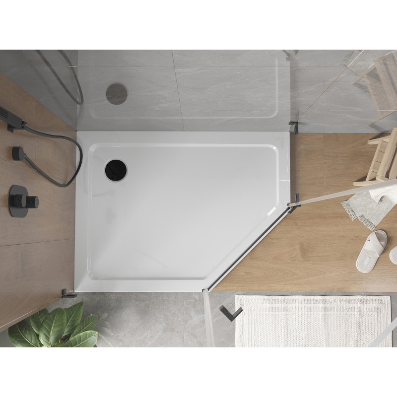 Mexen Flat slim pětiúhelníková sprchová vanička levá 90 x 80 cm, bílá, černý sifon - 41P108090L-B