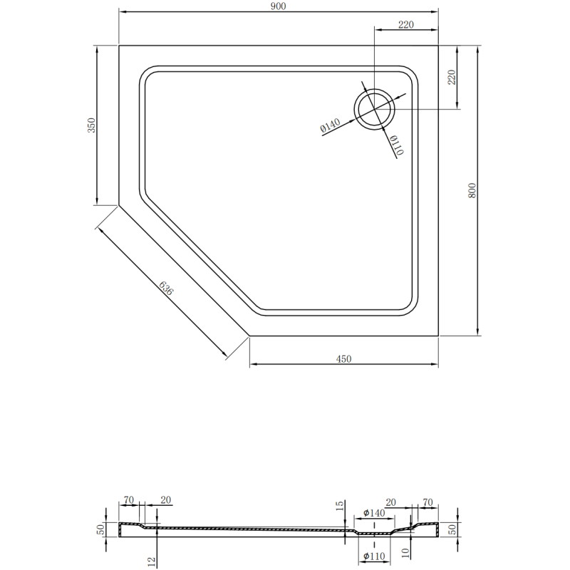 Mexen Flat sprchová vanička pětiúhelníková slim pravá 90 x 80 cm, bílá, sifon černý - 41P108090R-B