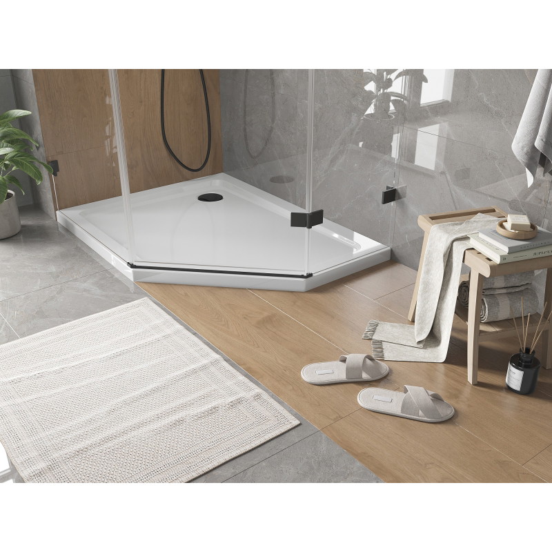 Mexen Flat pentagonální sprchová vanička slim levý 100 x 80 cm, bílá, černý sifon - 41P108010L-B