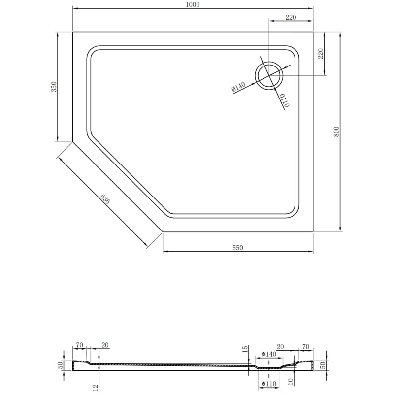 Mexen Flat sprchová vanička pětiúhelníková slim pravá 100 x 80 cm, bílá, sifon černý - 41P108010R-B