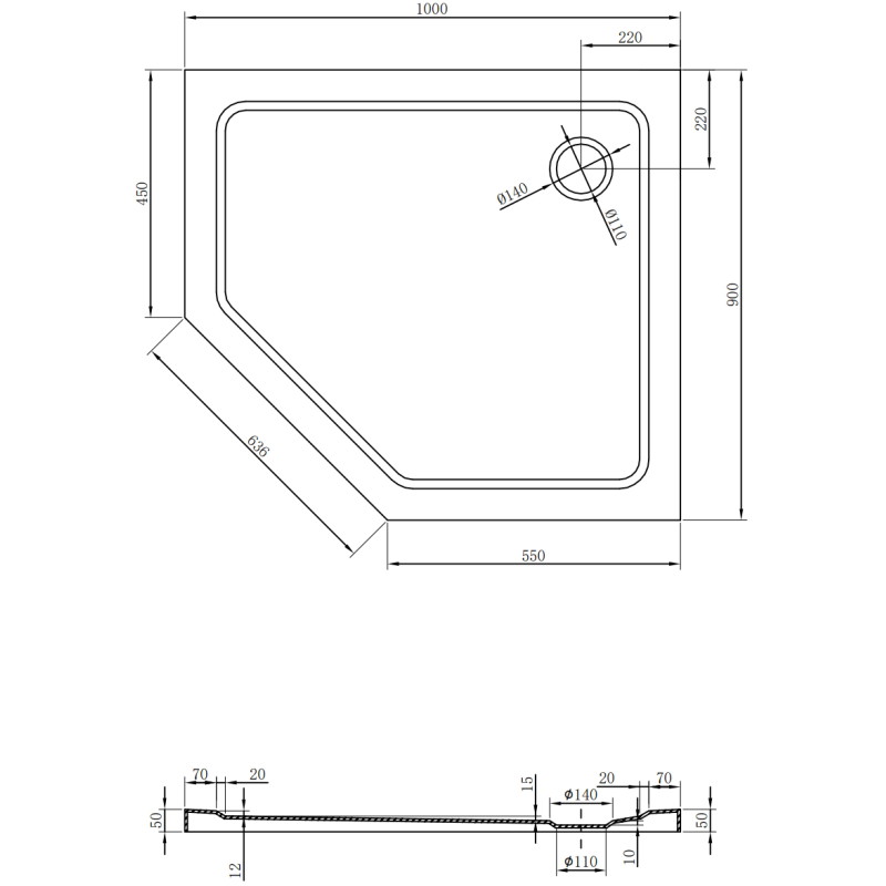 Mexen Flat pětiúhelníkový slim pravý sprchový kout 100 x 90 cm, bílý, černý sifon - 41P109010R-B