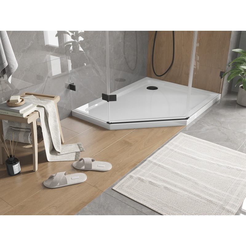 Mexen Flat pětiúhelníkový slim pravý sprchový kout 100 x 90 cm, bílý, černý sifon - 41P109010R-B