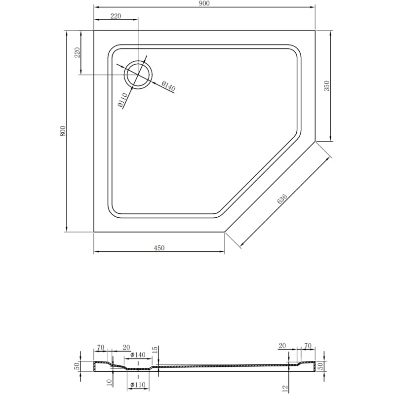 Mexen Flat pětiúhelníkový sprchový kout slim levý 90 x 80 cm, černý, sifon černý - 41P708090L-B