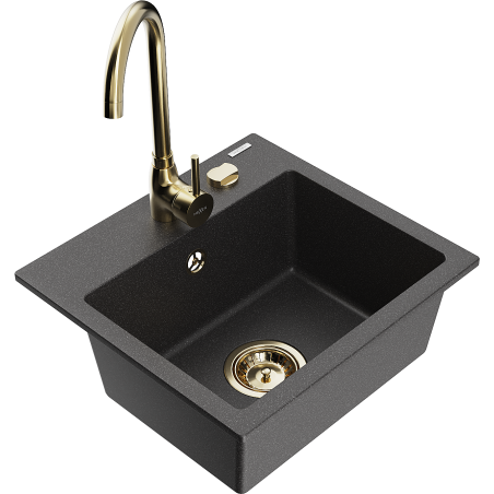Mexen Milo granitový dřez 1-komorový s kuchyňskou baterií Telma, černý skvrnitý - 6505-76-670200-50