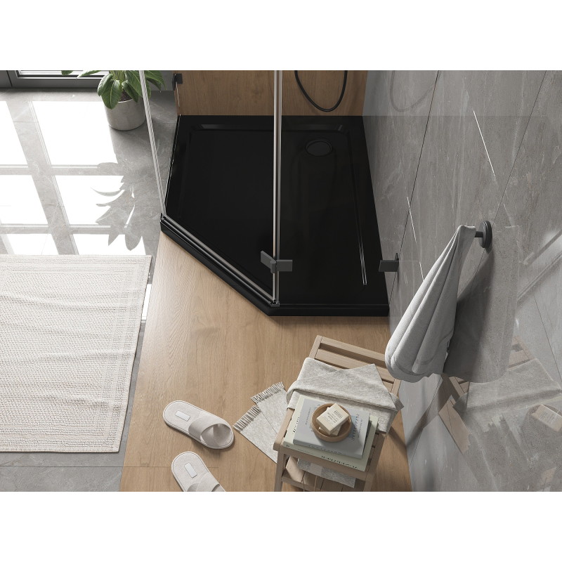 Mexen Flat pětiúhelníkový sprchový kout slim levý 90 x 80 cm, černý, sifon černý - 41P708090L-B