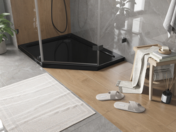 Mexen Flat pětiúhelníkový sprchový kout slim levý 90 x 80 cm, černý, sifon černý - 41P708090L-B