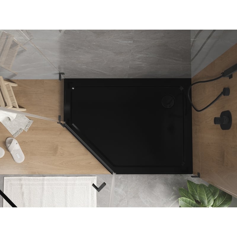 Mexen Flat sprchová vanička pětiúhelníková slim pravá 90 x 80 cm, černá, sifon černý - 41P708090R-B