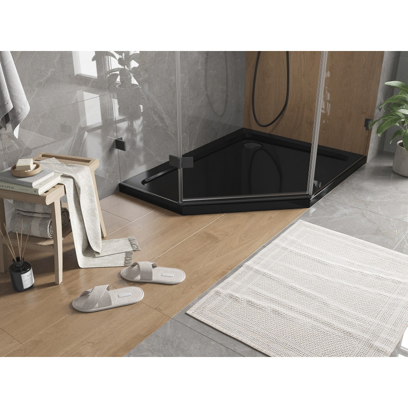 Mexen Flat sprchová vanička pětiúhelníková slim pravá 100 x 80 cm, černá, sifon černý - 41P708010R-B