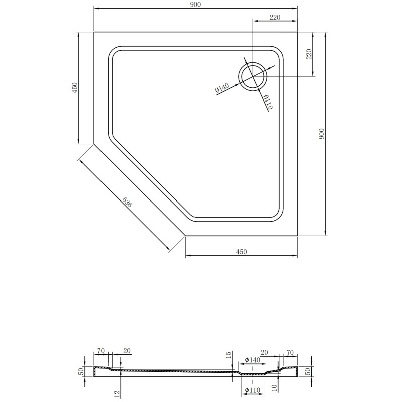 Mexen Flat sprchová vanička pětiúhelníková slim 90 x 90 cm, černá, sifon černý - 41P709090-B