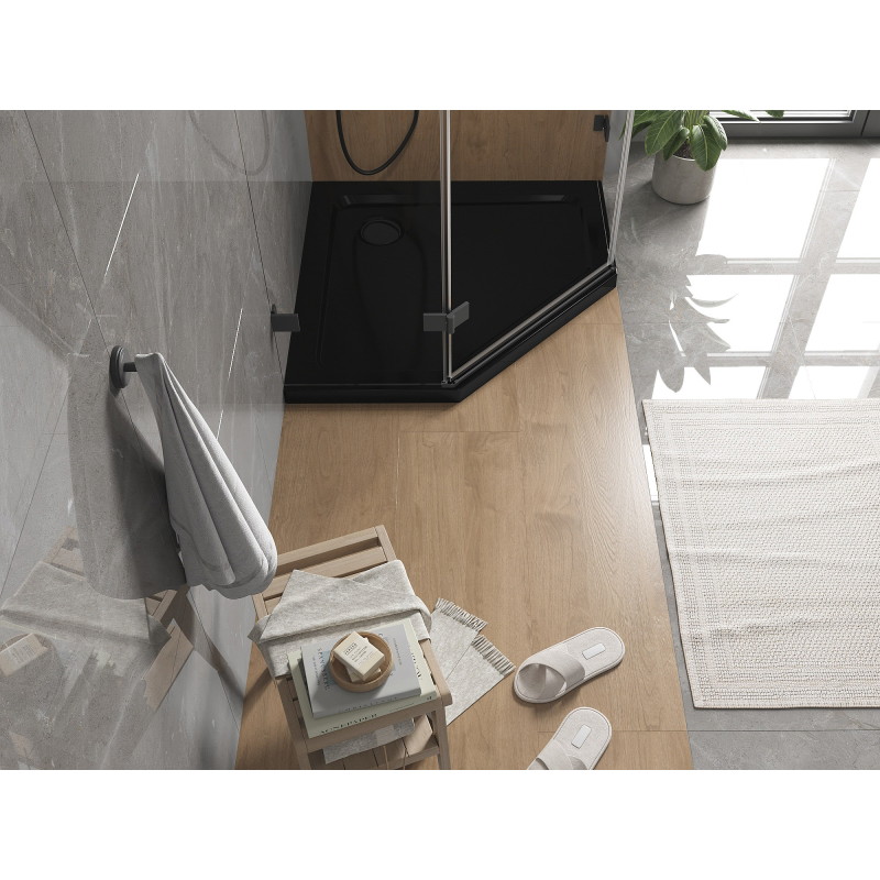Mexen Flat sprchová vanička pětiúhelníková slim 90 x 90 cm, černá, sifon černý - 41P709090-B