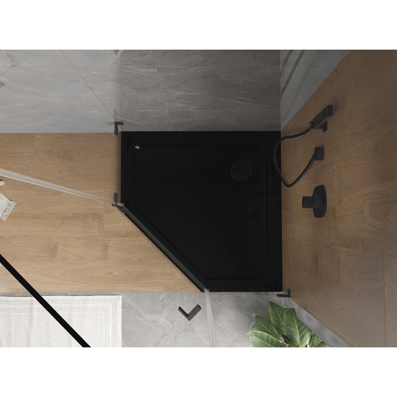 Mexen Flat sprchová vanička pětiúhelníková slim 90 x 90 cm, černá, sifon černý - 41P709090-B
