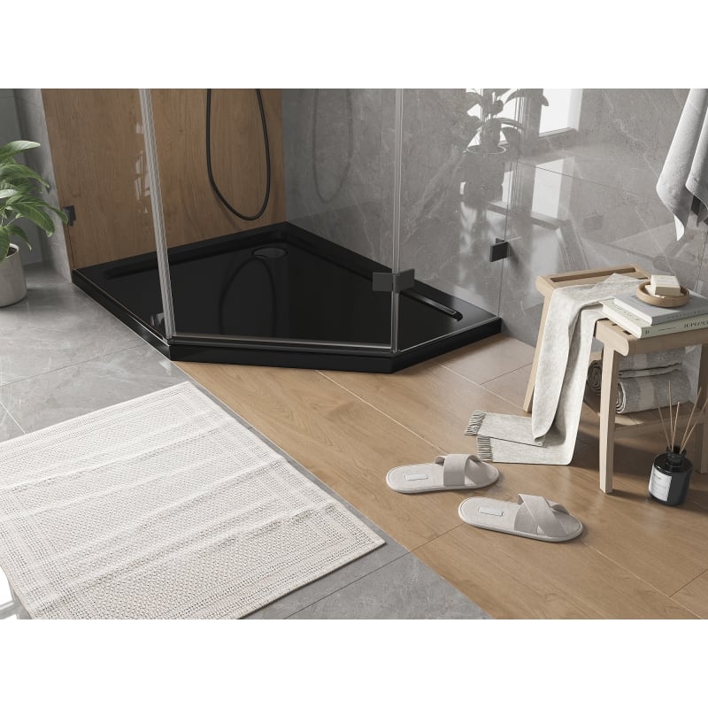 Mexen Flat sprchová vanička pětiúhelníková slim levá 100 x 90 cm, černá, sifon černý - 41P709010L-B