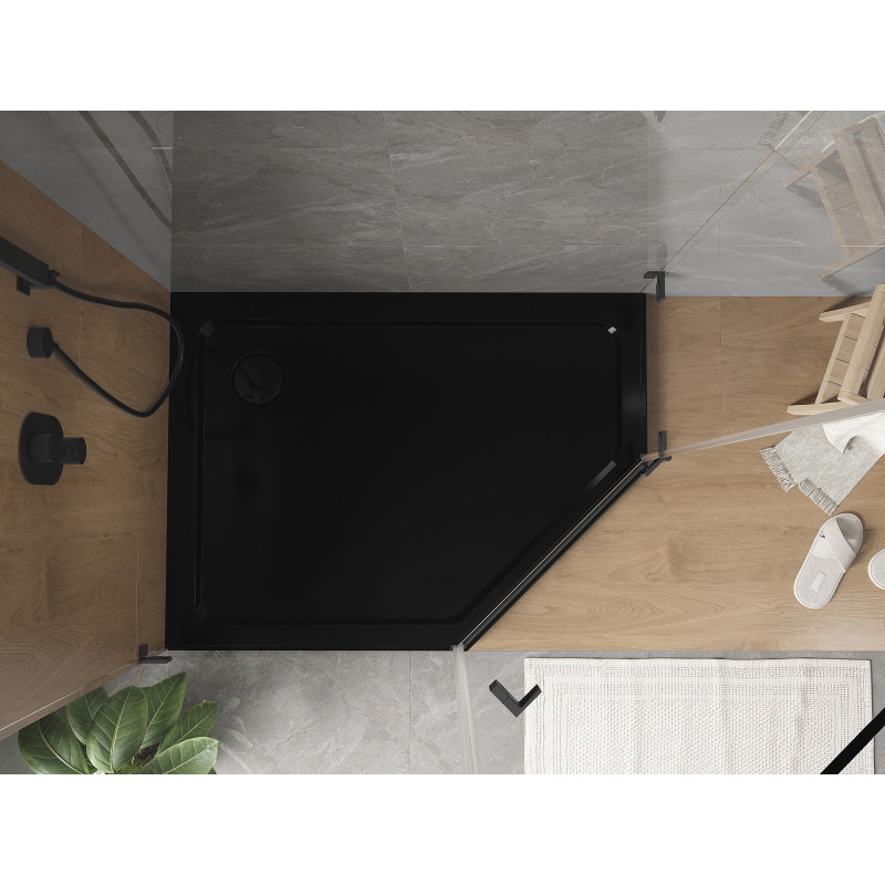 Mexen Flat sprchová vanička pětiúhelníková slim levá 100 x 90 cm, černá, sifon černý - 41P709010L-B