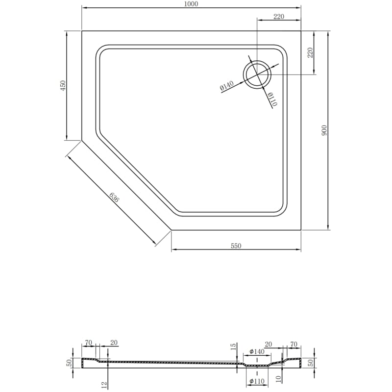 Mexen Flat pentagonální sprchová vanička slim pravá 100 x 90 cm, černá, sifon černý - 41P709010R-B