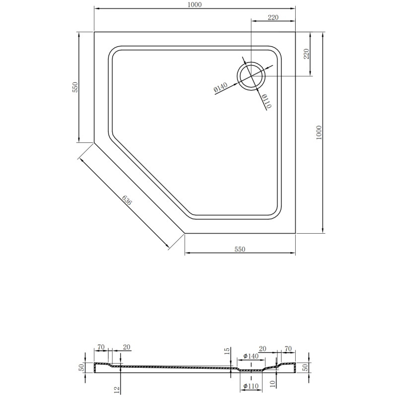Mexen Flat sprchová vanička pětiúhelníková slim 100 x 100 cm, černá, sifon černý - 41P701010-B