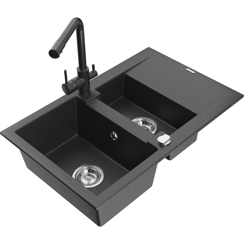 Mexen Gaspar dřez granitový 1,5-komorový s odkapávačem a kuchyňskou baterií Duero, černý skvrnitý - 6507-76-671600-76